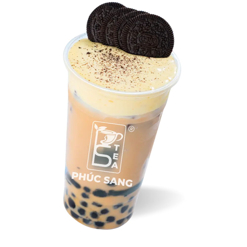 Ly trà sữa trân châu phủ kem trứng và bánh oreo