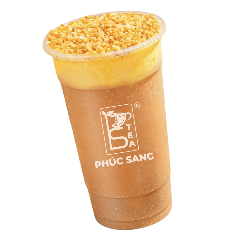 Ly trà sữa phủ sốt kem cốm rắc topping vàng