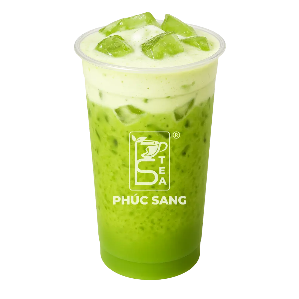 Ly matcha latte màu xanh với lớp kem phía trên