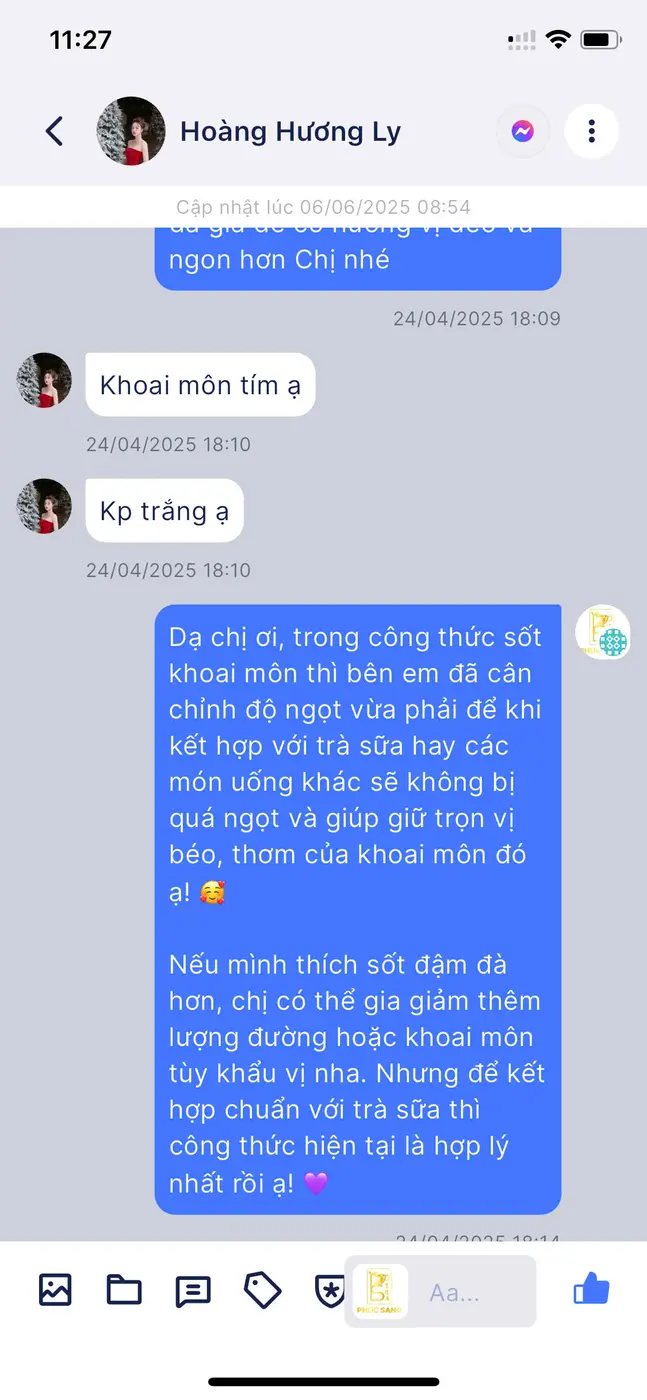Tin nhắn học viên hỏi công thức món và được giảng viên trả lời chi tiết