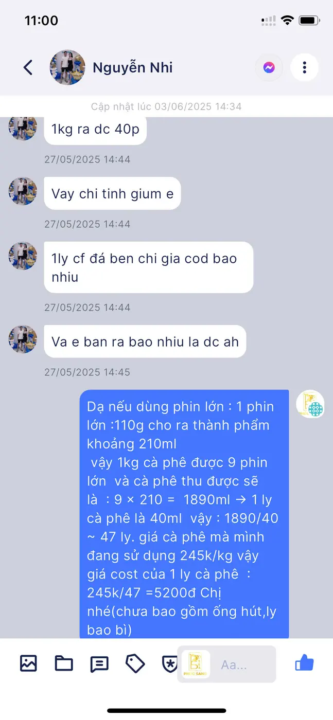 Tin nhắn học viên được hướng dẫn cách tính giá cost cho từng ly