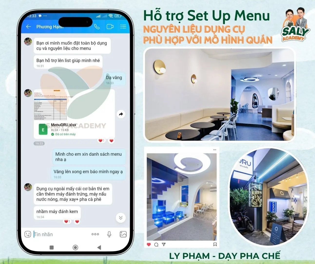 Ảnh chụp tin nhắn hỗ trợ học viên set up menu và chọn nguyên liệu, dụng cụ phù hợp với mô hình quán