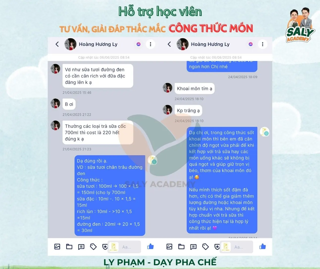 Ảnh chụp tin nhắn trợ giảng giải đáp công thức món cho học viên