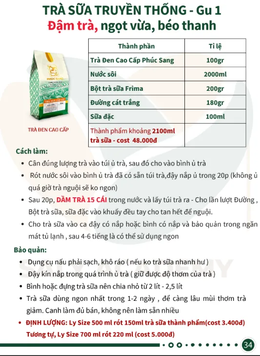 Một trang giáo trình trà sữa truyền thống gu 1: bảng thành phần, tỉ lệ, cách làm và cách bảo quản