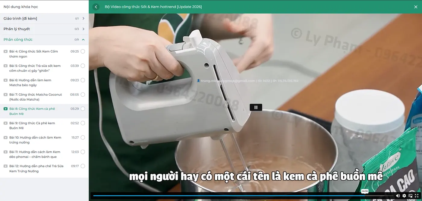 Giao diện học của khóa sốt kem: phần giáo trình, phần lý thuyết và phần công thức