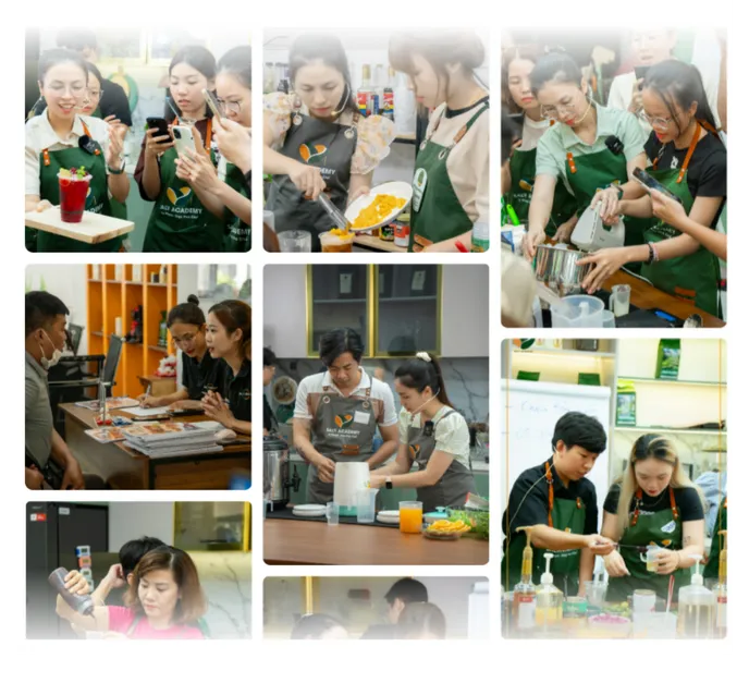 Ảnh ghép các buổi học pha chế trực tiếp tại học viện Saly Academy
